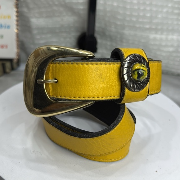 (H) Leatherock 7129 Vintage Yellow BeltWestern-style gold buckle leather, Sz S/M - Picture 6 of 14